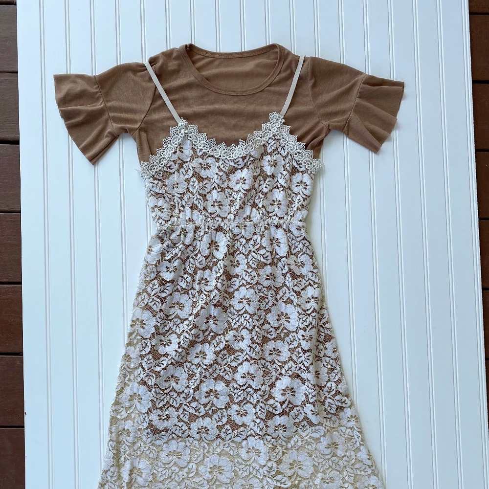 Korean style 2-piece set - Lace neutral knee length dress